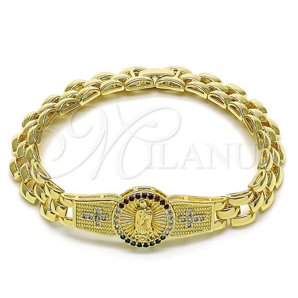 Oro Laminado Fancy Bracelet, Gold Filled Style Guadalupe and Cross Design, with Multicolor and White Cubic Zirconia, Diamond Cutting Finish, Golden Finish, 03.97.0004.1.08