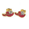 Oro Laminado Stud Earring, Gold Filled Style Hat and Flower Design, with White Crystal, Red Enamel Finish, Golden Finish, 02.64.0281 *PROMO*