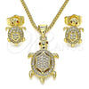 Oro Laminado Earring and Pendant Adult Set, Gold Filled Style Turtle Design, with White and Ruby Micro Pave, Polished, Golden Finish, 10.156.0378