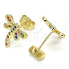 Oro Laminado Stud Earring, Gold Filled Style Dragon-Fly Design, with Multicolor Micro Pave, Polished, Golden Finish, 02.156.0396.4