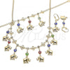 Oro Laminado Necklace, Bracelet and Earring, Gold Filled Style Evil Eye and Elephant Design, Polished, Golden Finish, 06.213.0004