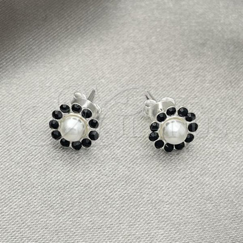 Sterling Silver Stud Earring, Flower Design, with Black Crystal, Polished, Silver Finish, 02.406.0018.01