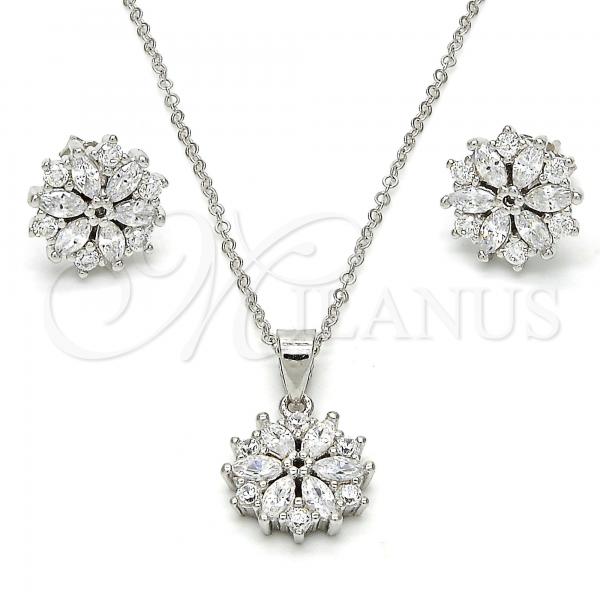 Sterling Silver Earring and Pendant Adult Set, Flower Design, with White Cubic Zirconia, Polished, Rhodium Finish, 10.174.0026