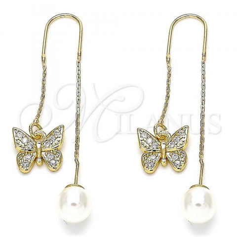 Oro Laminado Threader Earring, Gold Filled Style Butterfly Design, with White Micro Pave, Polished, Golden Finish, 02.210.0335