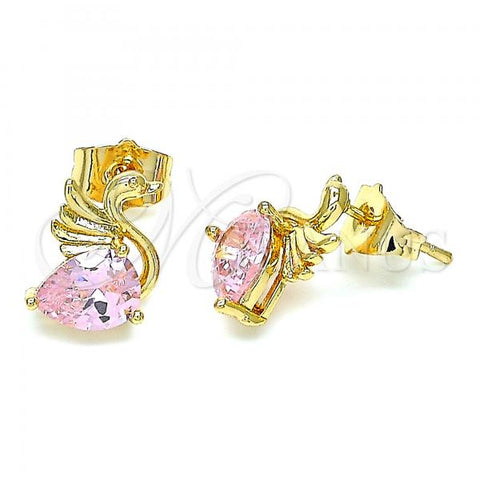 Oro Laminado Stud Earring, Gold Filled Style Swan Design, with Pink Cubic Zirconia, Polished, Golden Finish, 02.387.0031.1