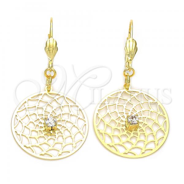 Oro Laminado Dangle Earring, Gold Filled Style Filigree and Flower Design, with White Cubic Zirconia, Polished, Golden Finish, 73.001