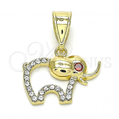 Oro Laminado Fancy Pendant, Gold Filled Style Elephant Design, with White Crystal and Garnet Cubic Zirconia, Polished, Golden Finish, 05.253.0111