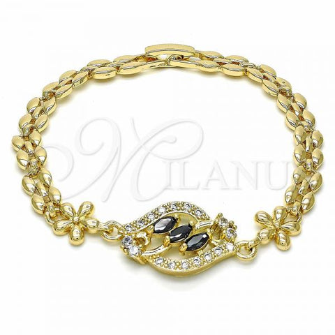 Oro Laminado Fancy Bracelet, Gold Filled Style Flower Design, with Black and White Cubic Zirconia, Polished, Golden Finish, 03.357.0008.3.07