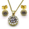 Oro Laminado Earring and Pendant Adult Set, Gold Filled Style with Amethyst and White Cubic Zirconia, Polished, Golden Finish, 10.344.0009.5