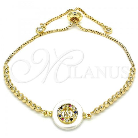 Oro Laminado Adjustable Bolo Bracelet, Gold Filled Style Virgen Maria Design, with Multicolor Cubic Zirconia, Polished, Golden Finish, 03.63.2113.10