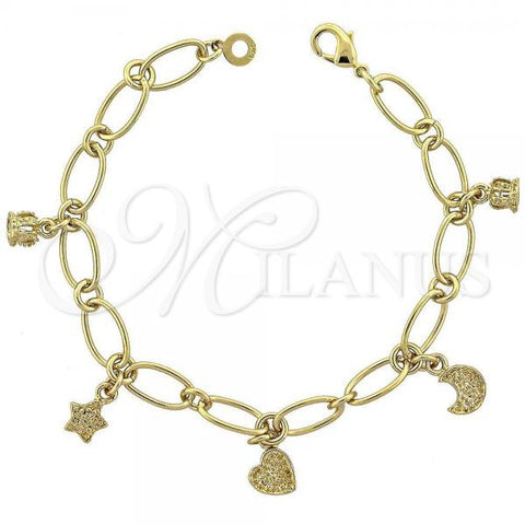 Oro Laminado Charm Bracelet, Gold Filled Style Crown Design, Diamond Cutting Finish, Golden Finish, 5.025.002
