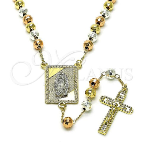 Oro Laminado Medium Rosary, Gold Filled Style Guadalupe and Disco Design, Diamond Cutting Finish, Tricolor, 09.411.0004.24