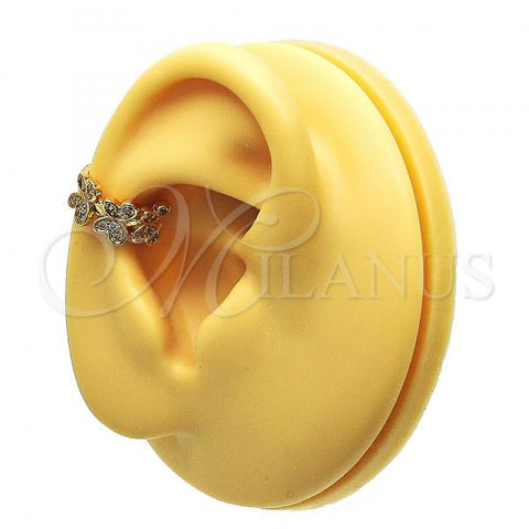 Oro Laminado Earcuff Earring, Gold Filled Style Butterfly Design, with White Micro Pave, Polished, Golden Finish, 02.213.0372