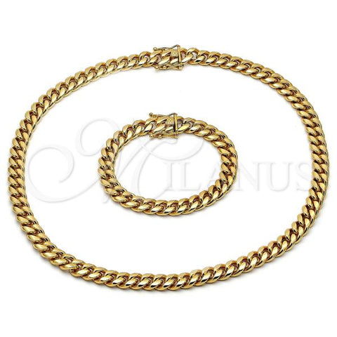 Stainless Steel Necklace and Bracelet, Miami Cuban Design, Polished, Golden Finish, 06.116.0039.1