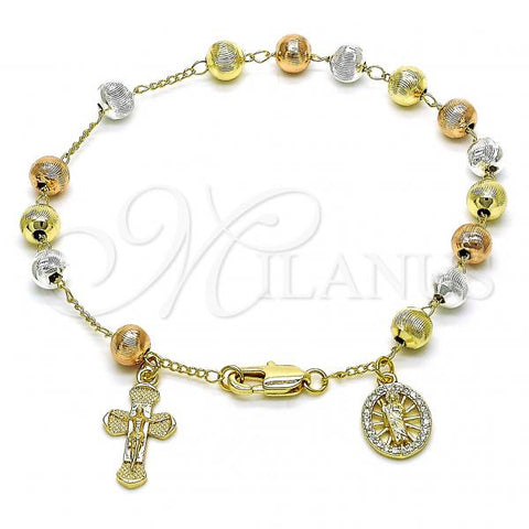 Oro Laminado Charm Bracelet, Gold Filled Style San Judas and Crucifix Design, with White Cubic Zirconia, Diamond Cutting Finish, Tricolor, 03.253.0094.08