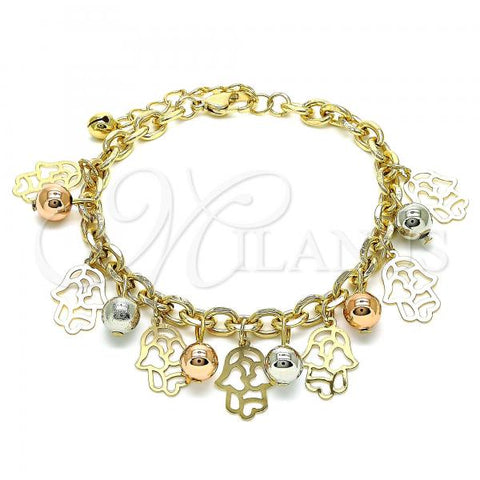 Oro Laminado Charm Bracelet, Gold Filled Style Hand of God and Ball Design, Polished, Tricolor, 03.331.0190.08