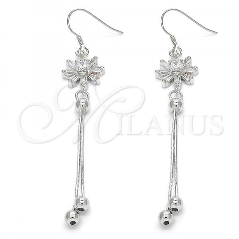 Sterling Silver Long Earring, Flower Design, with White Cubic Zirconia, Polished, Rhodium Finish, 02.183.0025