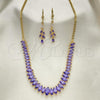 Oro Laminado Necklace and Earring, Gold Filled Style with Amethyst Cubic Zirconia, Polished, Golden Finish, 06.221.0014