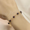 Oro Laminado Bracelet Rosary, Gold Filled Style Guadalupe and Crucifix Design, with Black and Orange Red Azavache, Polished, Golden Finish, 09.63.0109.1.08