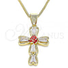 Oro Laminado Pendant Necklace, Gold Filled Style Cross and Flower Design, with White Cubic Zirconia, Red Enamel Finish, Golden Finish, 04.380.0013.20