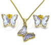 Oro Laminado Earring and Pendant Adult Set, Gold Filled Style Butterfly Design, with Provence Lavander Crystal and White Micro Pave, Polished, Golden Finish, 10.284.0024.5
