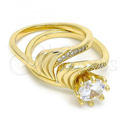 Oro Laminado Wedding Ring, Gold Filled Style Duo Design, with White Cubic Zirconia and White Micro Pave, Polished, Golden Finish, 01.99.0042.09 (Size 9)