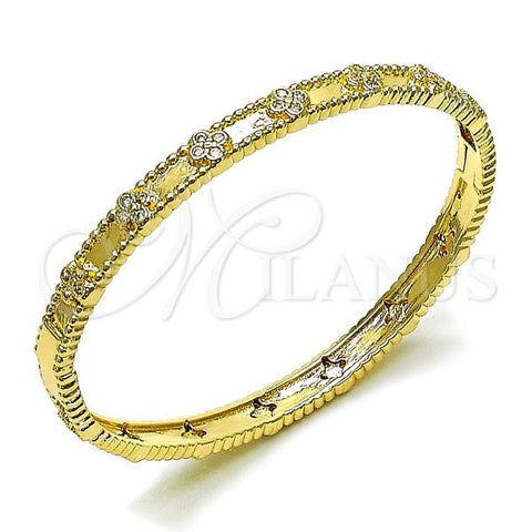 Oro Laminado Individual Bangle, Gold Filled Style Four-leaf Clover Design, with White Cubic Zirconia, Polished, Golden Finish, 07.60.0031.04