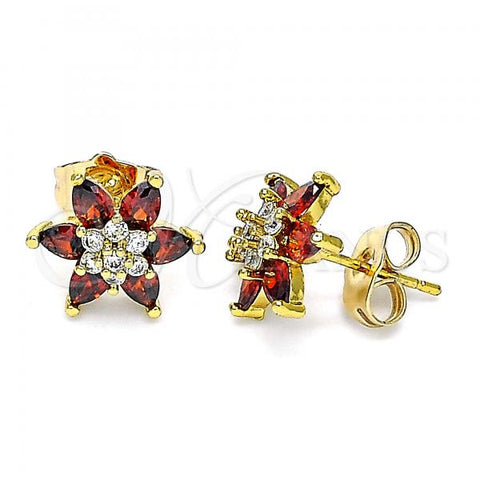 Oro Laminado Stud Earring, Gold Filled Style Flower Design, with Garnet and White Cubic Zirconia, Polished, Golden Finish, 02.346.0014