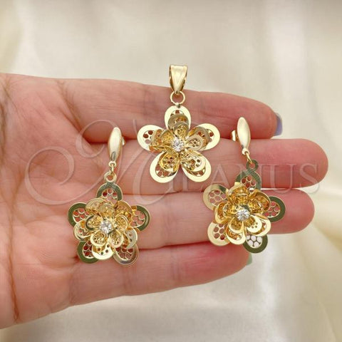 Oro Laminado Earring and Pendant Adult Set, Gold Filled Style Flower Design, with White Cubic Zirconia, Polished, Golden Finish, 5.049.009