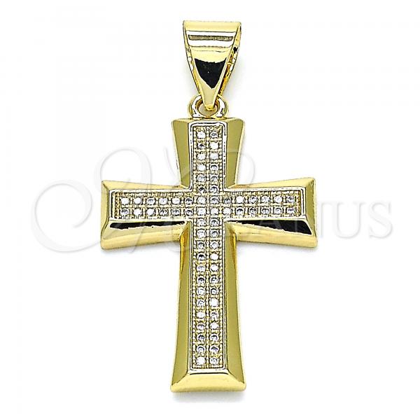 Oro Laminado Religious Pendant, Gold Filled Style Cross Design, with White Micro Pave, Polished, Golden Finish, 05.342.0071