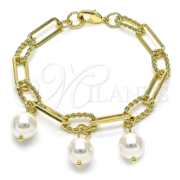 Oro Laminado Charm Bracelet, Gold Filled Style Ball and Rolo Design, with Ivory Pearl, Polished, Golden Finish, 03.331.0260.08