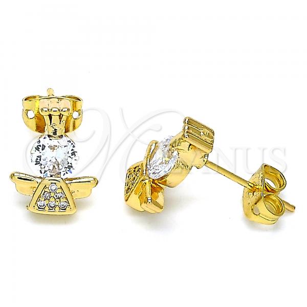 Oro Laminado Stud Earring, Gold Filled Style Ankh and Crown Design, with White Micro Pave, Polished, Golden Finish, 02.377.0017