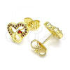 Oro Laminado Stud Earring, Gold Filled Style Heart Design, with Garnet Micro Pave, Polished, Golden Finish, 02.156.0628.1