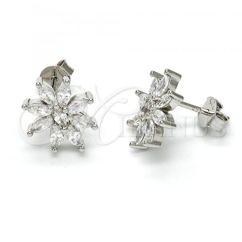 Sterling Silver Stud Earring, Flower Design, with White Cubic Zirconia, Polished, Rhodium Finish, 02.175.0112