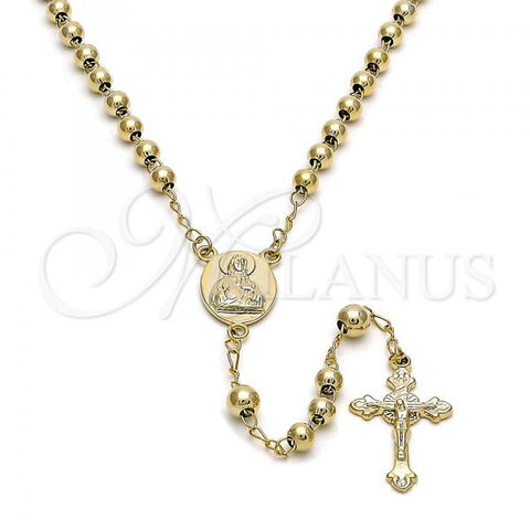 Oro Laminado Medium Rosary, Gold Filled Style Sagrado Corazon de Jesus and Crucifix Design, Polished, Golden Finish, 5.208.004.24