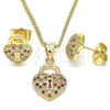 Oro Laminado Earring and Pendant Adult Set, Gold Filled Style Heart Design, with Garnet and White Micro Pave, Polished, Golden Finish, 10.156.0246.4