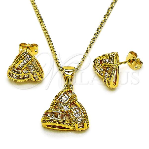 Oro Laminado Earring and Pendant Adult Set, Gold Filled Style Love Knot and Baguette Design, with White Cubic Zirconia, Polished, Golden Finish, 10.342.0207