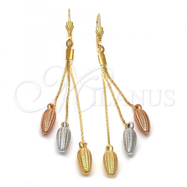 Oro Laminado Long Earring, Gold Filled Style Corn Design, Diamond Cutting Finish, Tricolor, 5.100.003