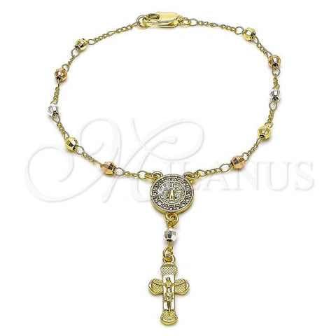 Oro Laminado Bracelet Rosary, Gold Filled Style San Benito and Cross Design, with White Cubic Zirconia, Diamond Cutting Finish, Tricolor, 09.253.0078.07