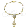 Oro Laminado Bracelet Rosary, Gold Filled Style San Benito and Cross Design, with White Cubic Zirconia, Diamond Cutting Finish, Tricolor, 09.253.0078.07