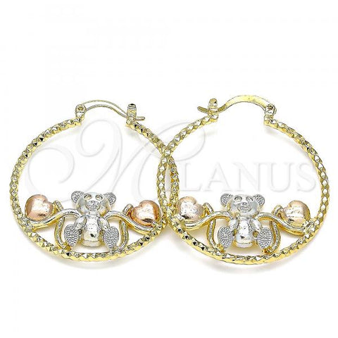 Oro Laminado Medium Hoop, Gold Filled Style Teddy Bear and Heart Design, Diamond Cutting Finish, Tricolor, 02.351.0110.35
