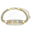 Oro Laminado Fancy Bracelet, Gold Filled Style Flower Design, with White Crystal, Polished, Tricolor, 03.380.0024.08