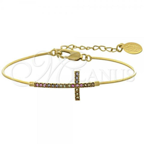 Oro Laminado Individual Bangle, Gold Filled Style Cross Design, with Multicolor Cubic Zirconia, Polished, Golden Finish, 07.165.0003.1 (01 MM Thickness, Size 5 - 2.50 Diameter)