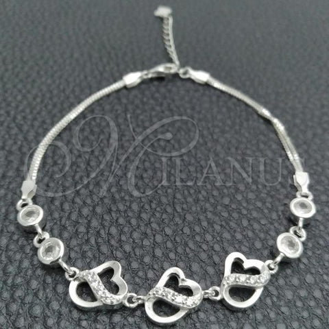 Sterling Silver Fancy Bracelet, Heart Design, with White Cubic Zirconia, Polished, Silver Finish, 03.400.0009.07