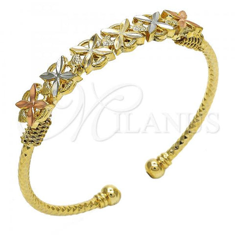 Oro Laminado Individual Bangle, Gold Filled Style Flower Design, Diamond Cutting Finish, Tricolor, 07.311.0001.1 (03 MM Thickness, One size fits all)