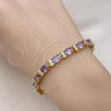 Oro Laminado Tennis Bracelet, Gold Filled Style Cluster Design, with Amethyst and White Cubic Zirconia, Polished, Golden Finish, 03.206.0004.07