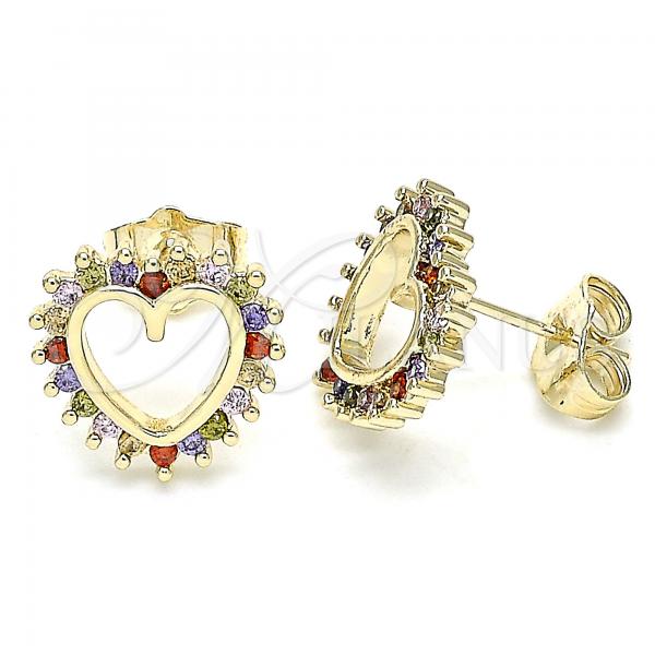 Oro Laminado Stud Earring, Gold Filled Style Heart Design, with Multicolor Cubic Zirconia, Polished, Golden Finish, 02.284.0032.2