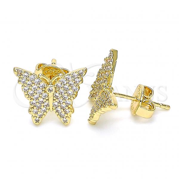 Oro Laminado Stud Earring, Gold Filled Style Butterfly Design, with White Micro Pave, Polished, Golden Finish, 02.156.0413