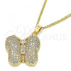 Oro Laminado Pendant Necklace, Gold Filled Style Butterfly Design, with White Micro Pave, Polished, Golden Finish, 04.94.0024.20