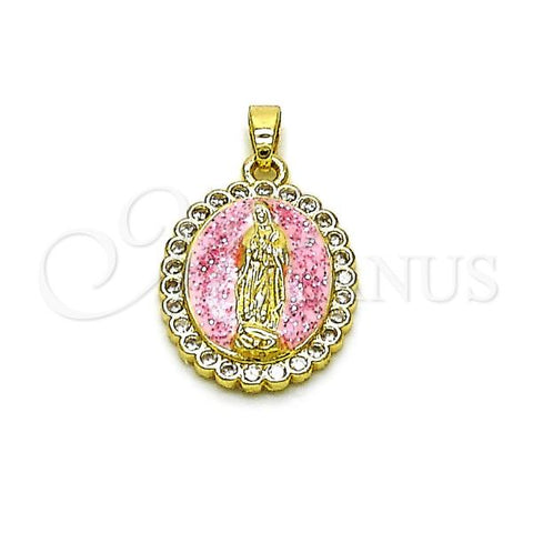 Oro Laminado Religious Pendant, Gold Filled Style Guadalupe Design, with White Cubic Zirconia, Pink Enamel Finish, Golden Finish, 05.284.0019.1